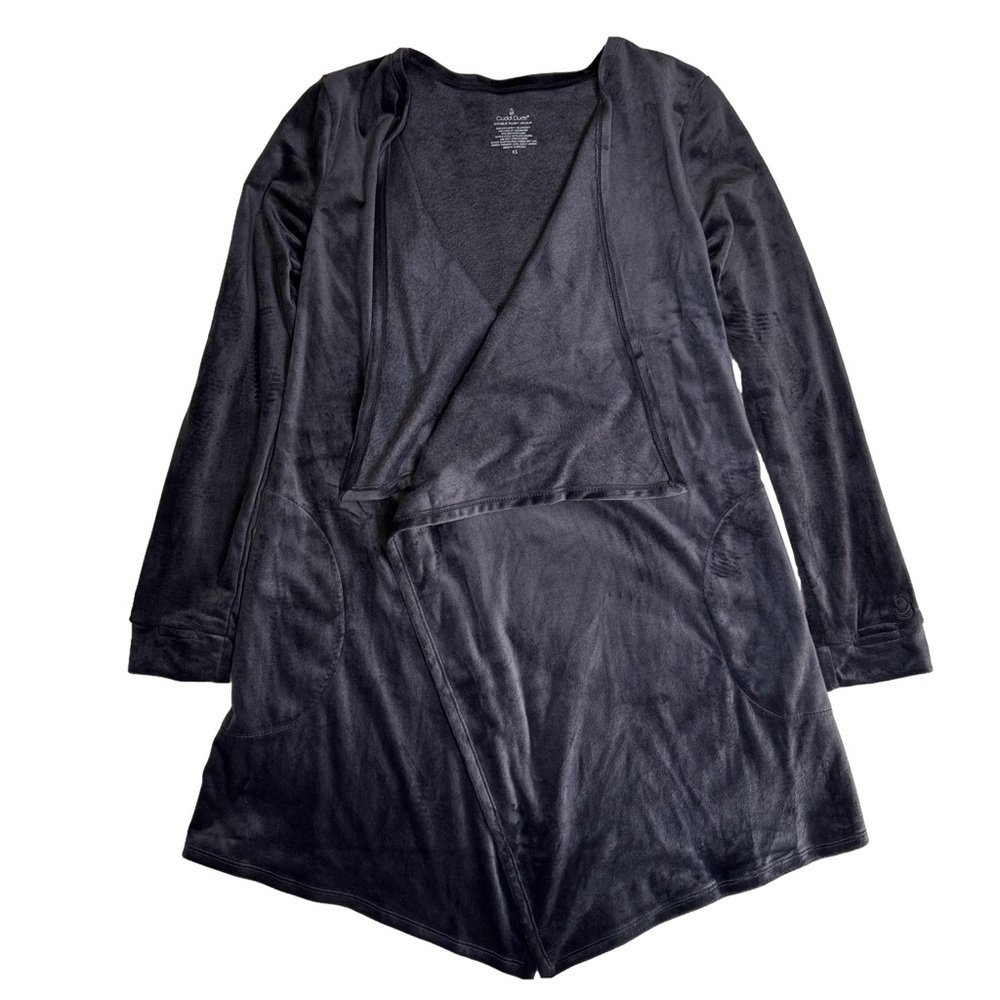 Cuddl Duds Dark Gray Plush Velour Cardigan Wrap Robe Size XS Open Front Pockets